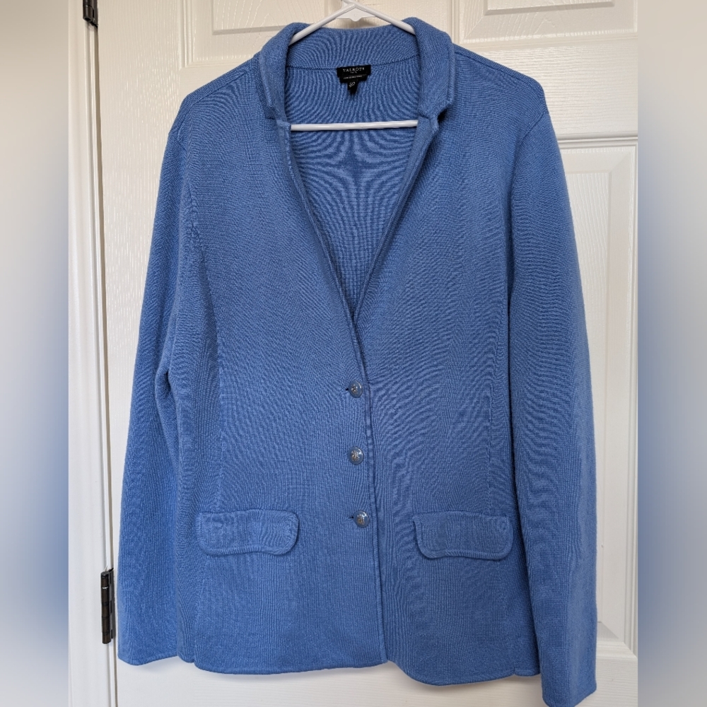 Talbots Womens Blue Merino Wool Knit Sweater Blazer Buttons PXL Classic Office